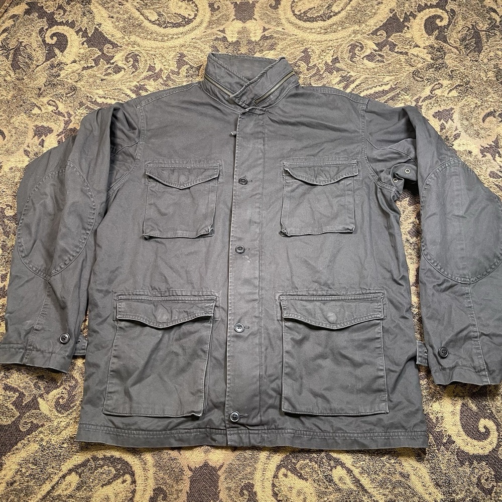 Chaps Jacket Mens Large Gray Canvas Hidden Button Plaid Lined Y2K Vtg Utility